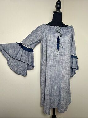 Style & Co Boho Chambray Women's XS Off-Shoulder Bell Sleeve Tassel Shift Dress
